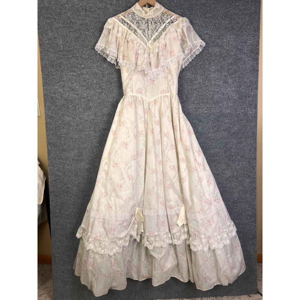 Vintage 1980s Gunne Sax Maxi Dress Womens 13 Floral Lace Prairie Victorian